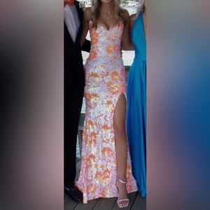 jovani orange sequin floral prom dress